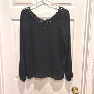 Divided H&M Black‎ Long Sleeve Crochet Neck Blouse Top Sz 14 Flowy Boho Festival